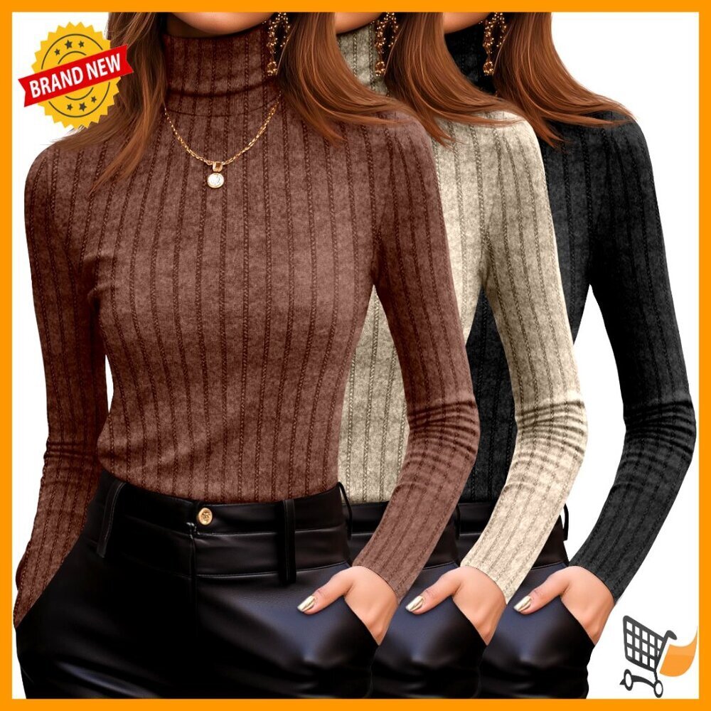 Ribbed Turtleneck Sweaters 3 Pack Slim Fit Pullover Knit Lightweight Fall Tops